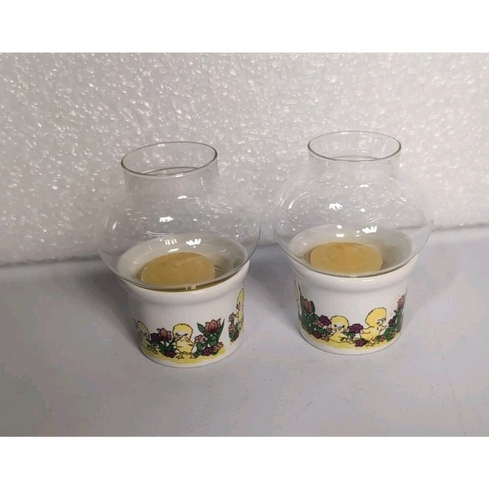 Vintage Russ Berrrie Miniature Ceramic Candle Holders Baby Chicks Hurricane...